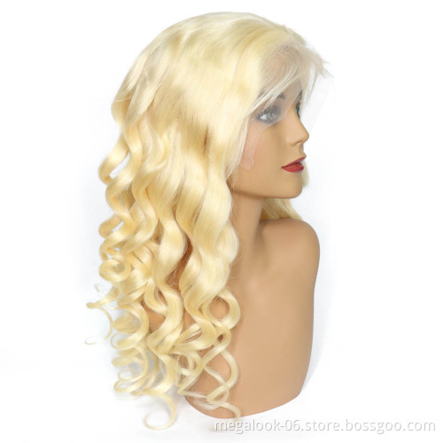 Megalook High Discounts Wholesale 100% Raw Virgin Cuticle Aligned Blonde 613 Body Wave Human Hair Lace Front Wig
